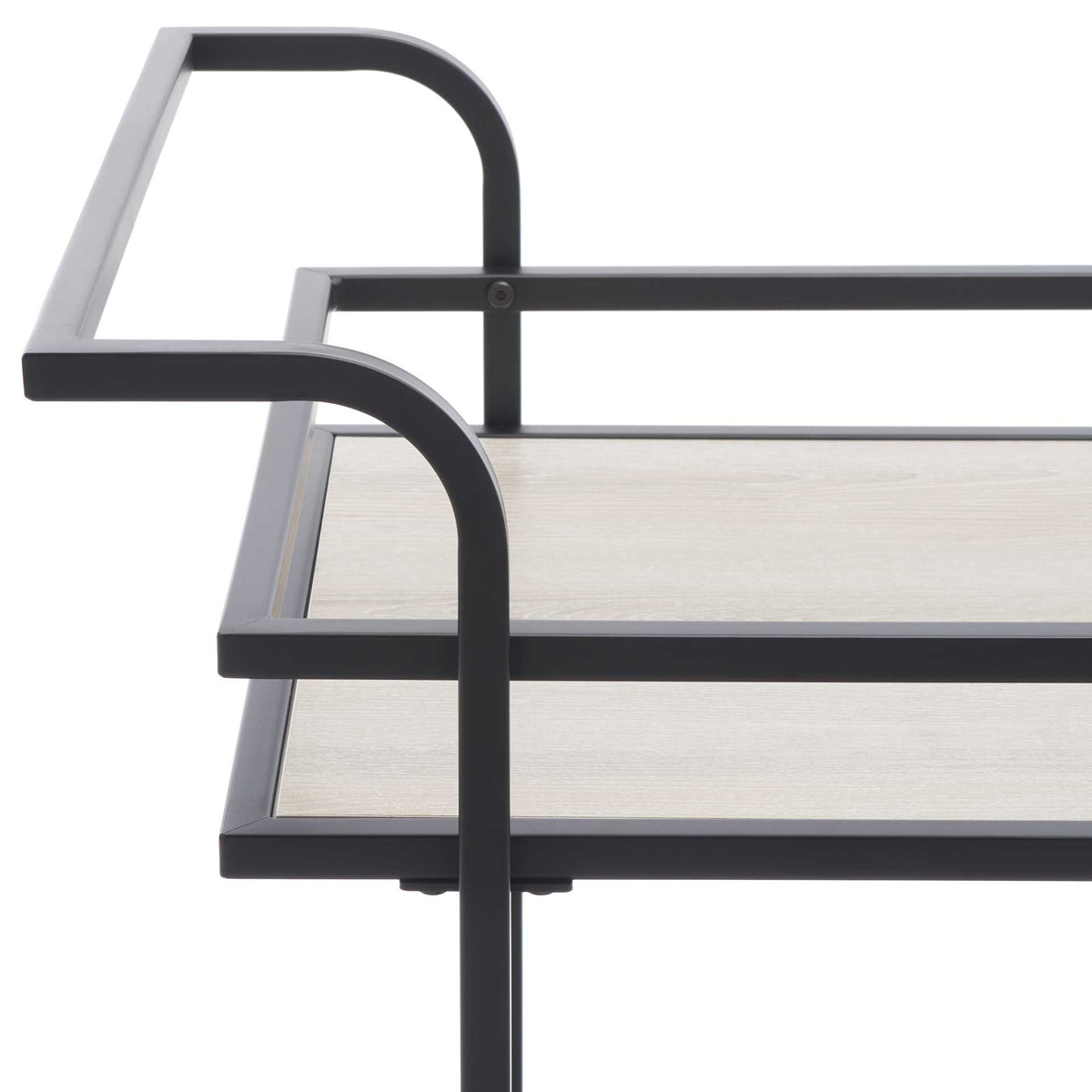 Curved matte black handles and squared guardrails frame the gray upper shelf.