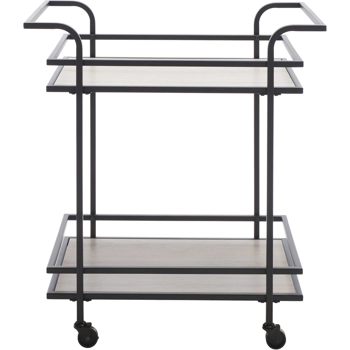 Two gray shelves and a sleek black frame offer rolling storage for drinks and serving pieces. || BCT8011A || front_studio