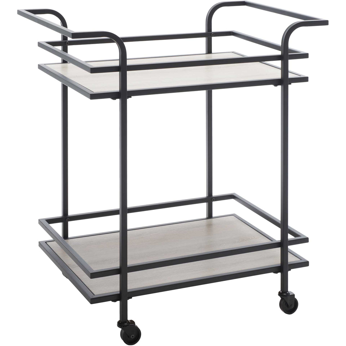 Matte black bar cart contrasts with gray wood-look shelves and curves into easy-grip handles. || BCT8011A || front_angle_studio