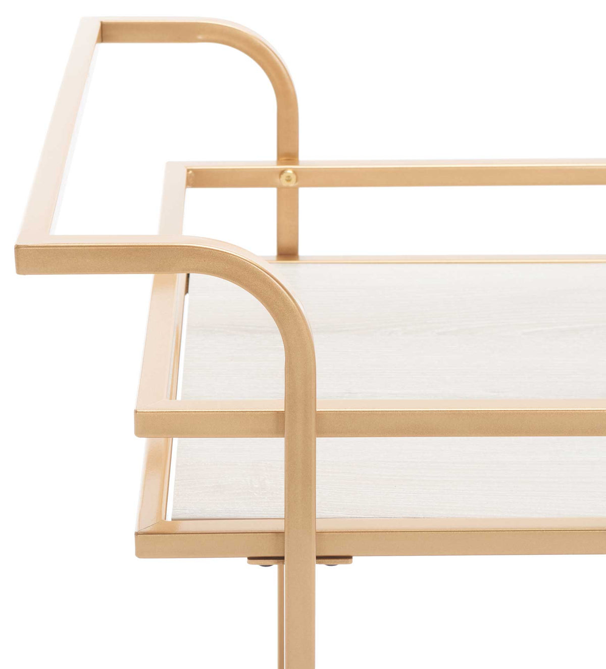 Rounded matte gold handles sweep over a gray wood-look shelf with slim protective rails.