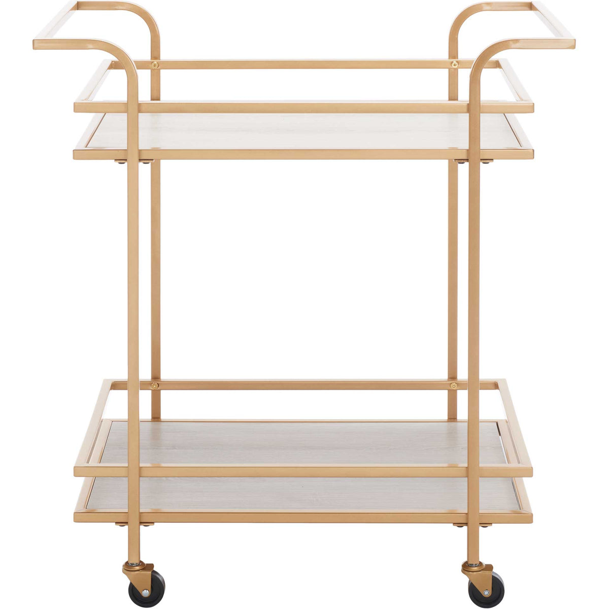 Two gray serving shelves are bordered by matte gold rails, with curved push handles above. || BCT8011B || front_studio