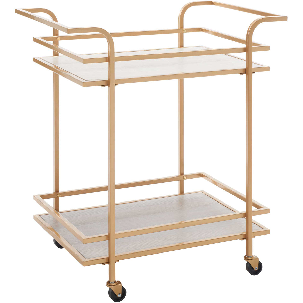 Matte gold bar cart pairs a warm metal frame with gray wood-look shelves and smooth caster wheels. || BCT8011B || front_angle_studio