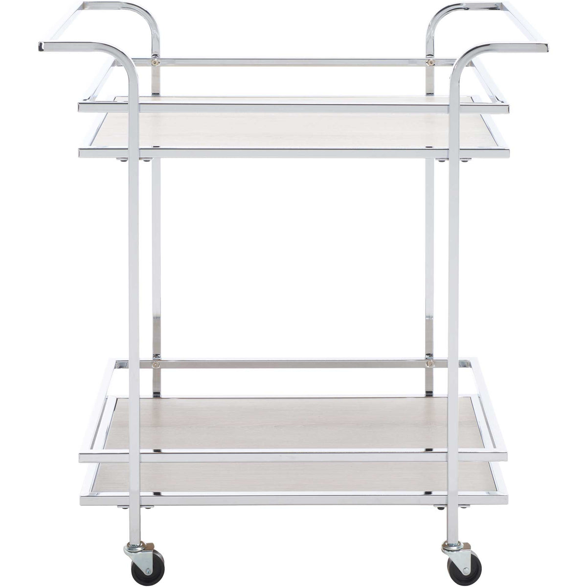 Two spacious gray shelves sit within a polished chrome frame above caster wheels. || BCT8011C || front_studio