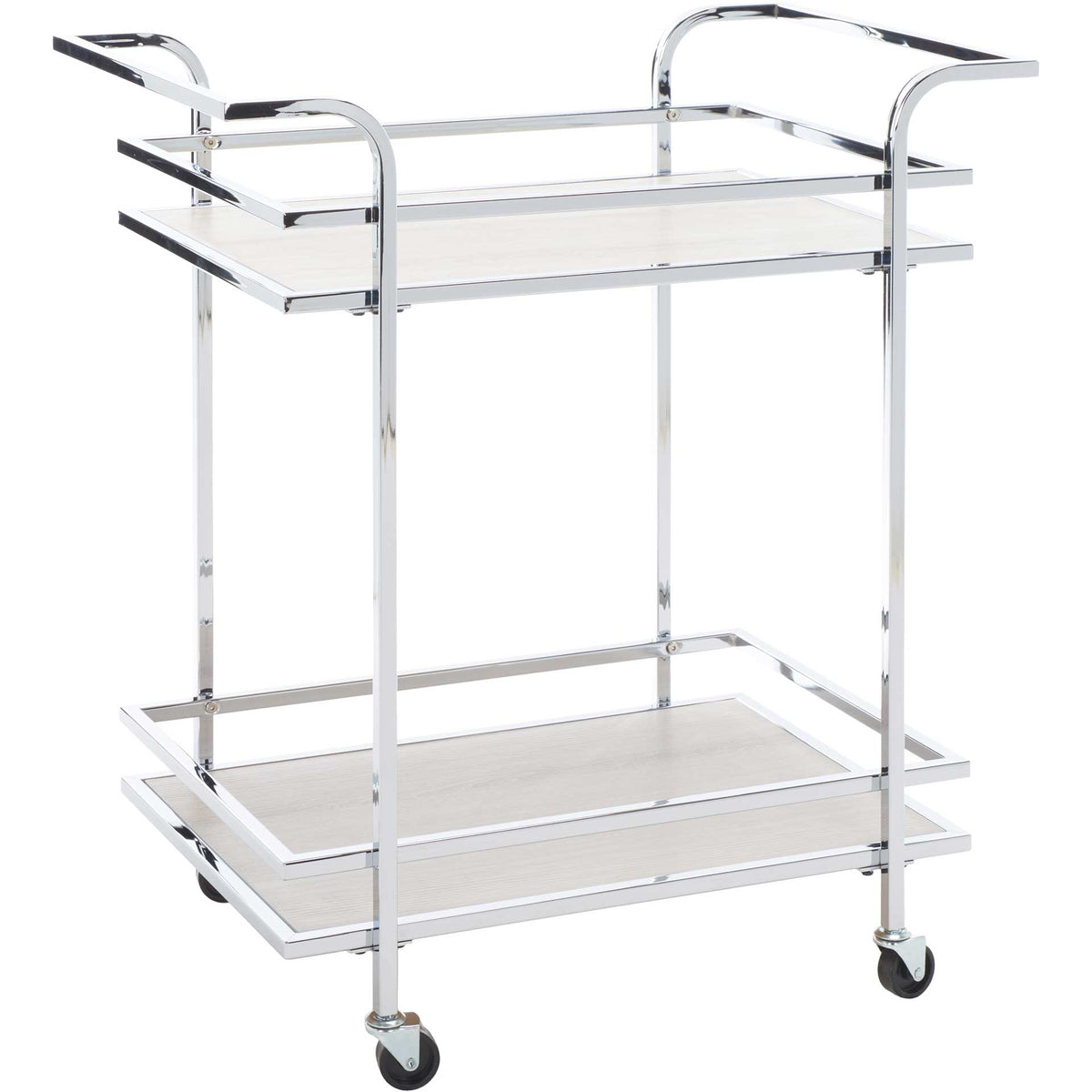 Chrome-finished bar cart pairs gray wood-look shelves with sweeping handles and protective rails. || BCT8011C || front_angle_studio