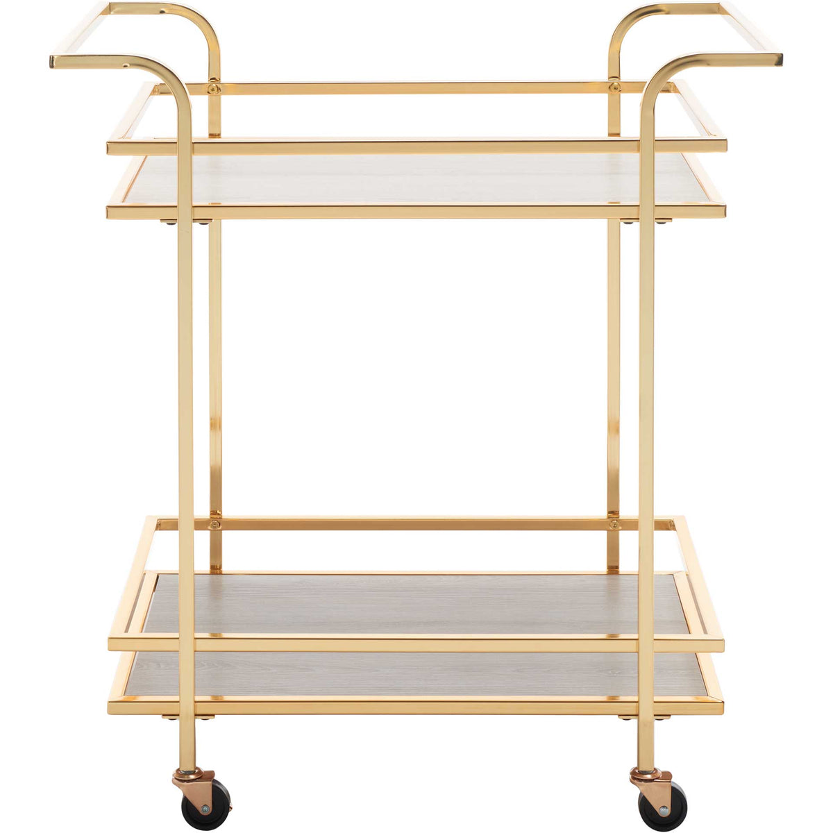 Two gray shelves anchor a lustrous gold frame with raised rails and smooth-rolling wheels. || BCT8011D || front_studio