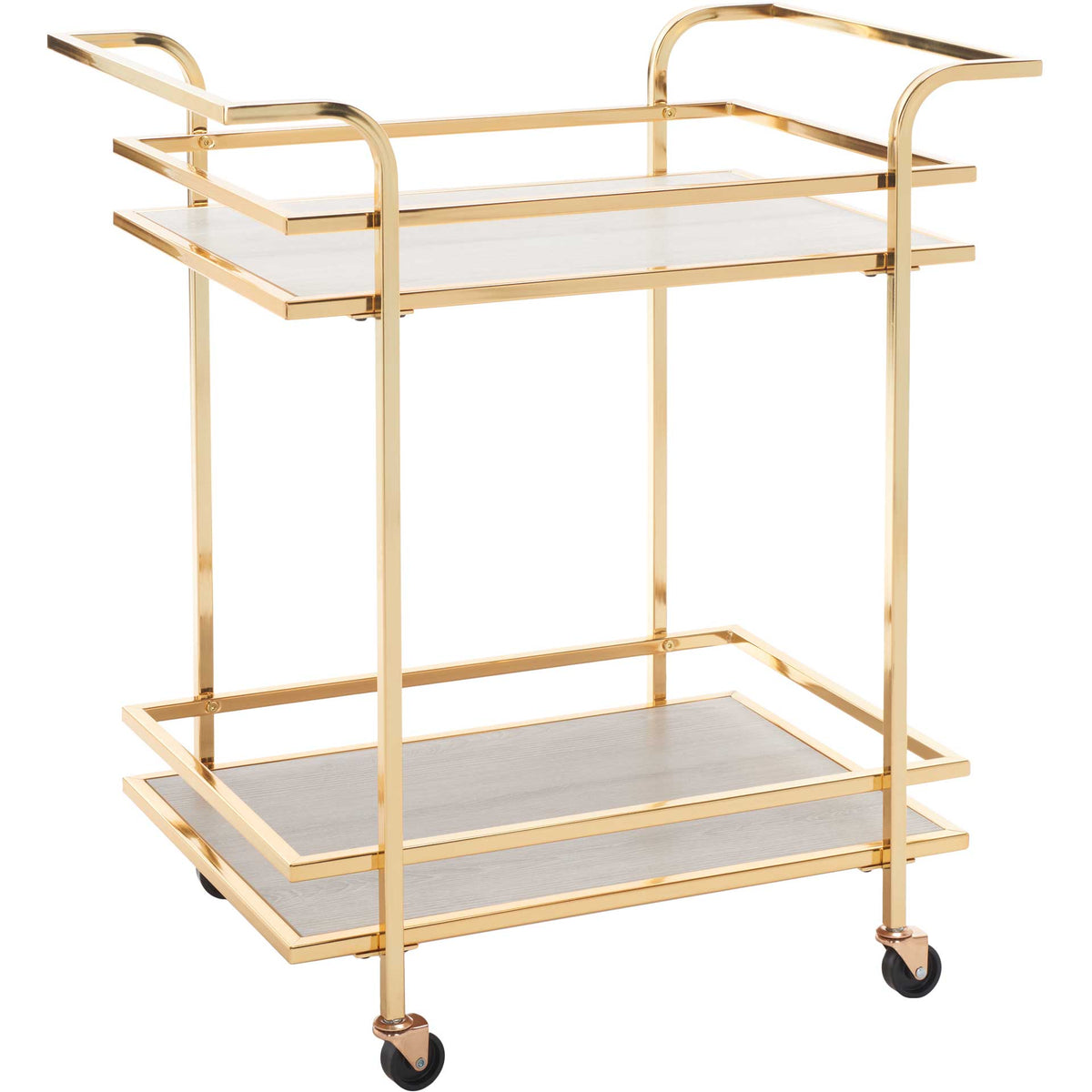 Polished gold bar cart gleams around gray wood-look shelves, with curved handles and casters. || BCT8011D || front_angle_studio