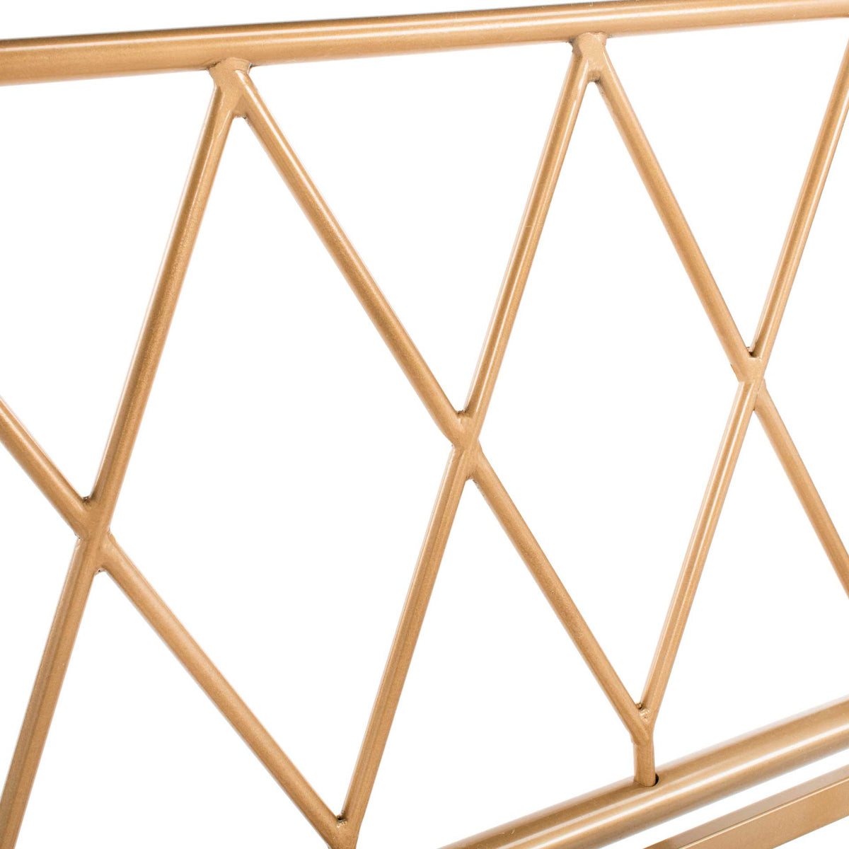 Gold metal rods intersect in an airy geometric headboard pattern