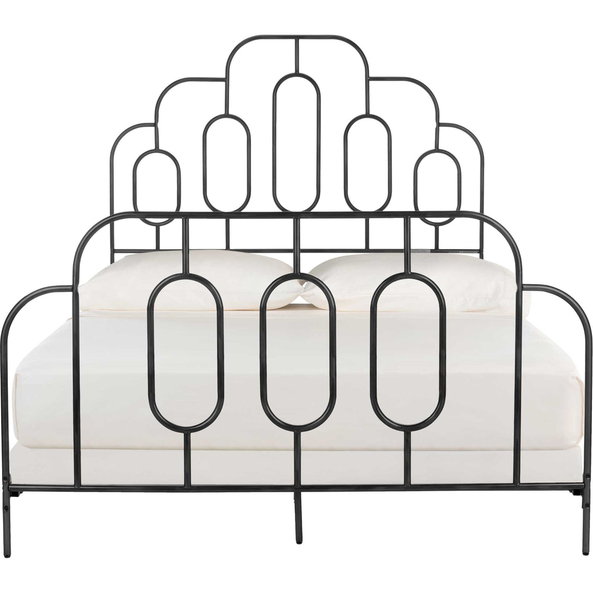Black metal bed with a sculptural arched headboard and oval-patterned footboard || BED6201A-F || front_studio
