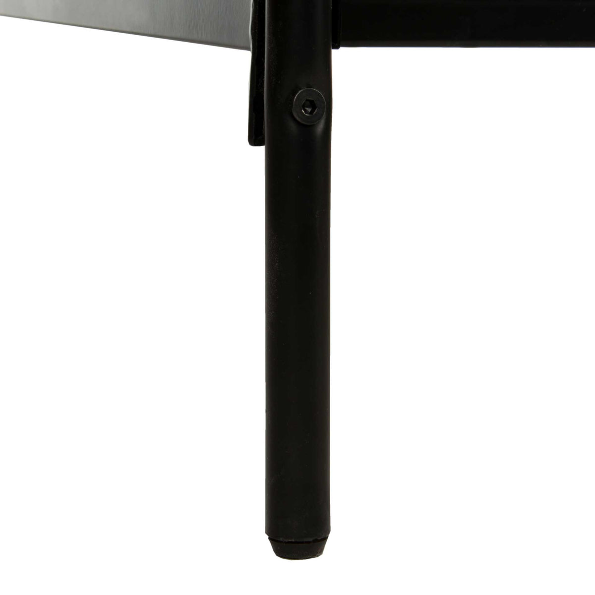 Slim black metal bed leg with a visible bolt and capped base