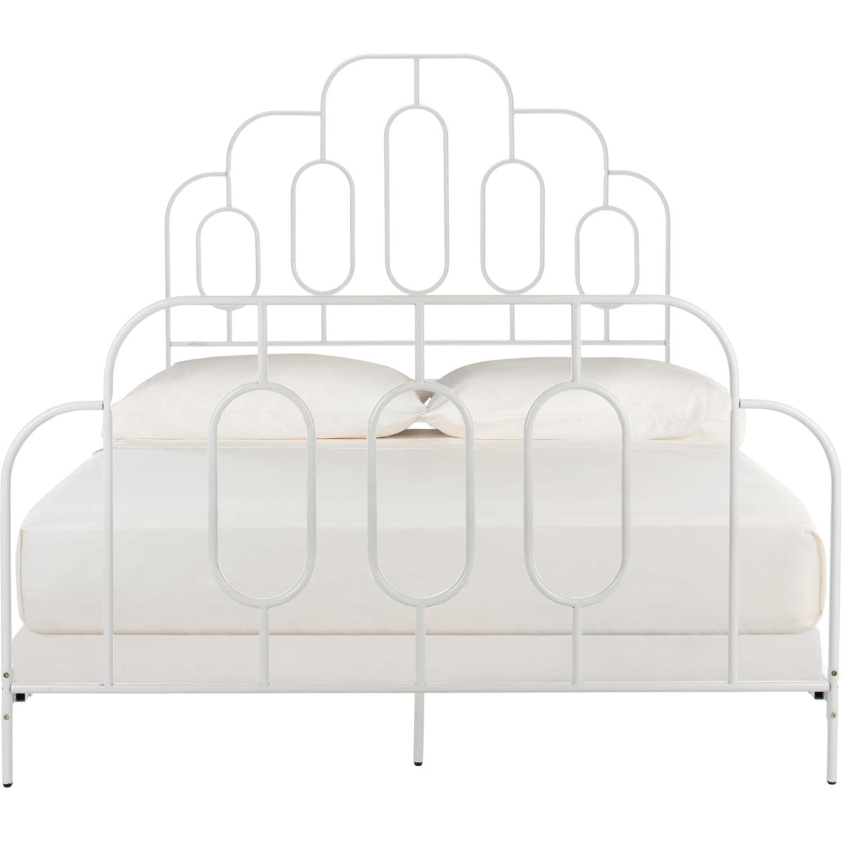 White metal bed with a stepped arched headboard and matching oval-accented footboard || BED6201B-F || front_studio