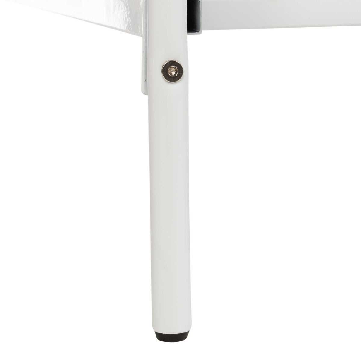 White tubular bed leg with a metal fastener and protective black foot cap