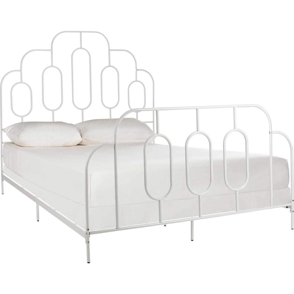 White metal bed pairs arched headboard rails and oval footboard accents with white bedding || BED6201B-F || front_angle_studio