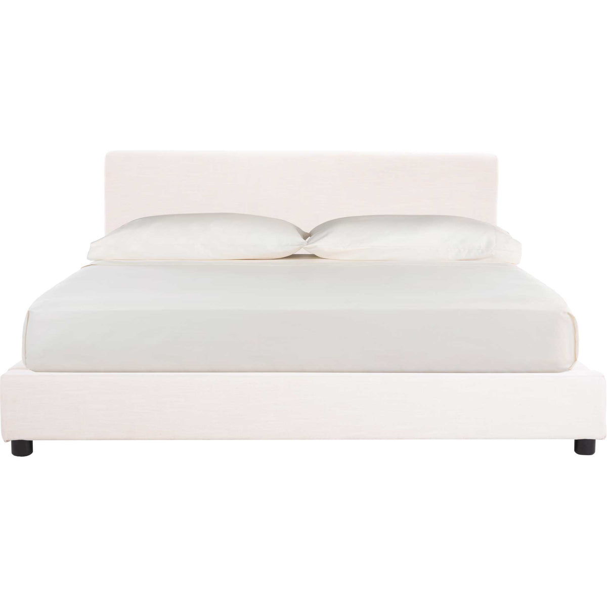 Light beige linen upholstery softens the bed's clean-lined headboard and low platform frame || BED6301A-F || front_studio