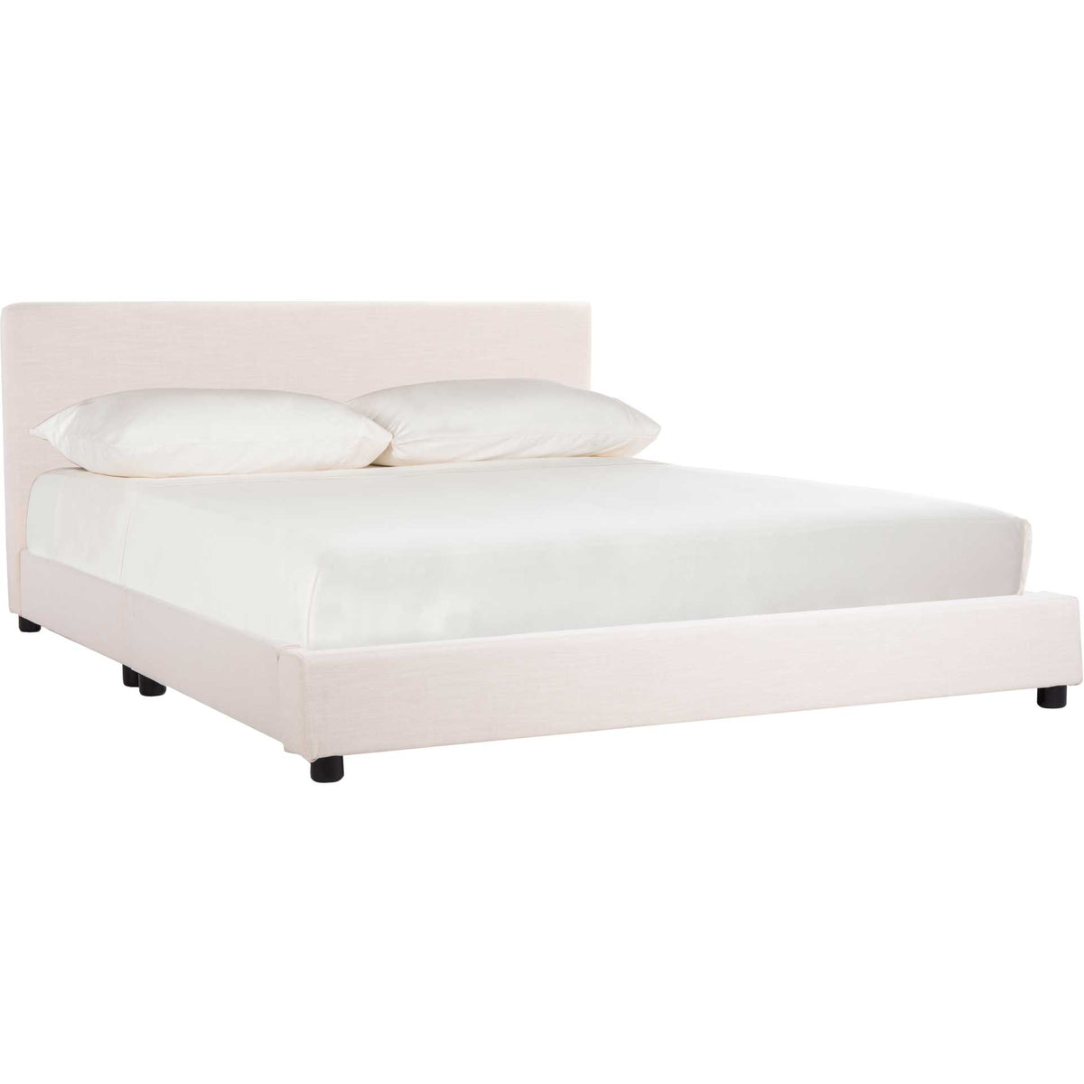 A light beige bed pairs a simple padded headboard with a low-profile upholstered frame || BED6301A-F || front_angle_studio