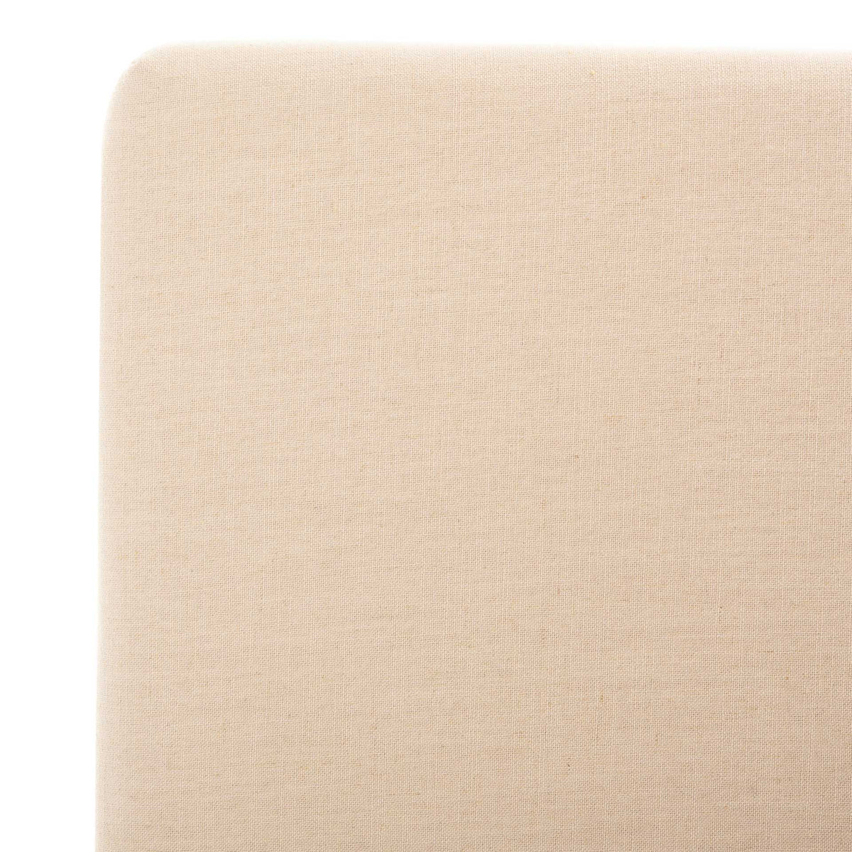 The beige linen headboard has a softly rounded corner and fine woven texture