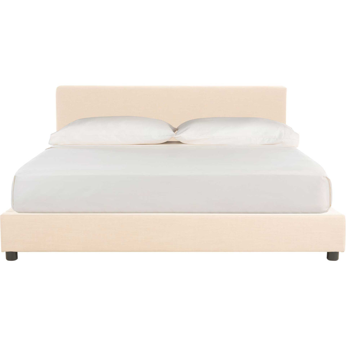 Clean lines define a beige upholstered bed with a broad headboard and understated black feet || BED6301B-F || front_studio