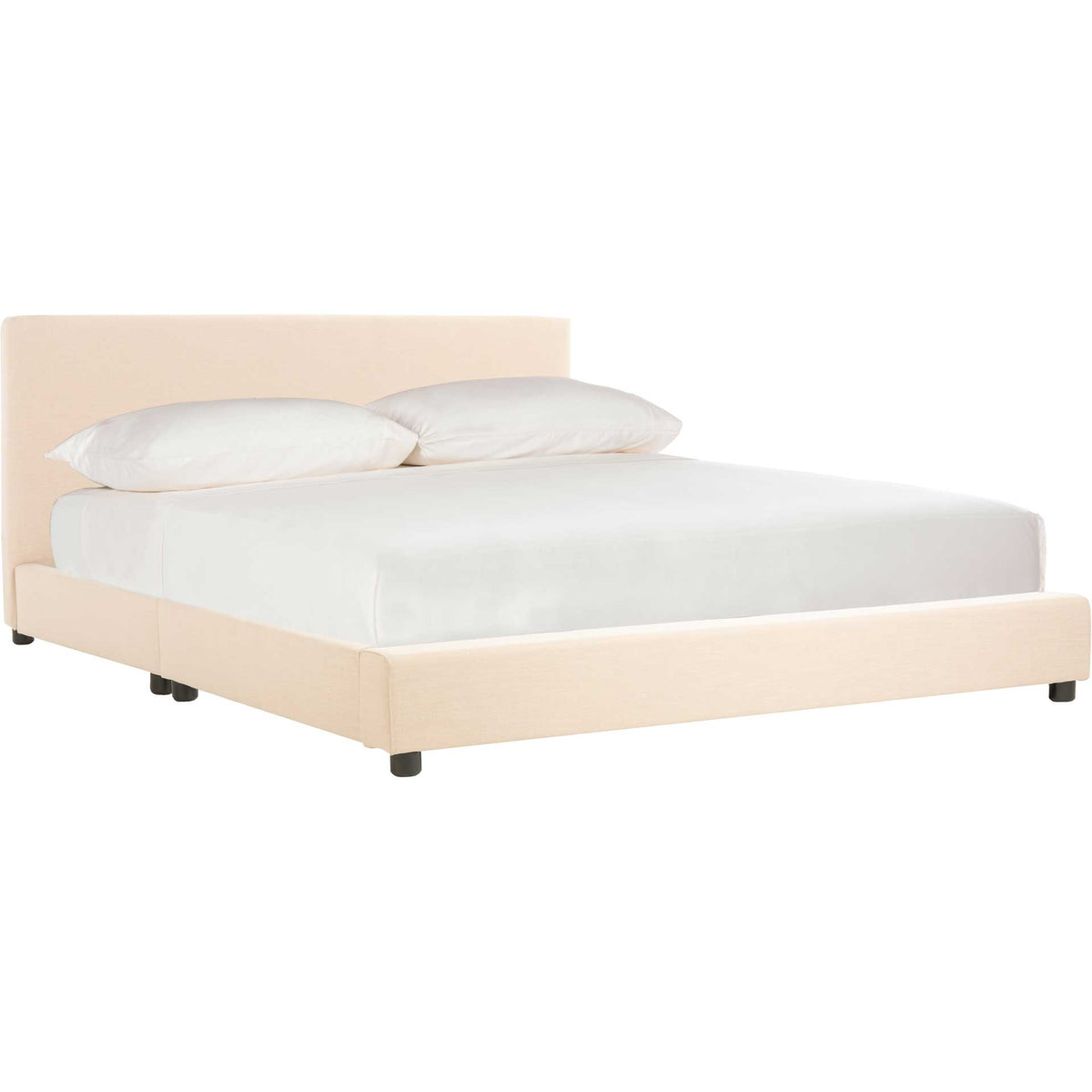 Beige linen wraps a low platform bed with a wide upholstered headboard and black feet || BED6301B-F || front_angle_studio