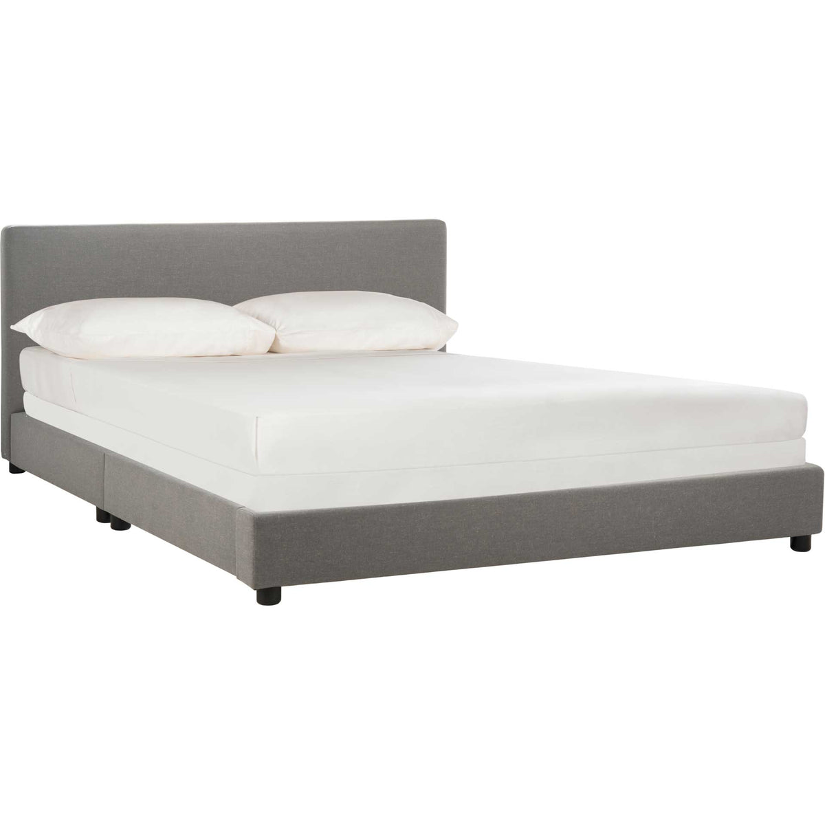 A smooth gray upholstered headboard rises above a low bed frame supported by black feet || BED6301C-F || front_angle_studio