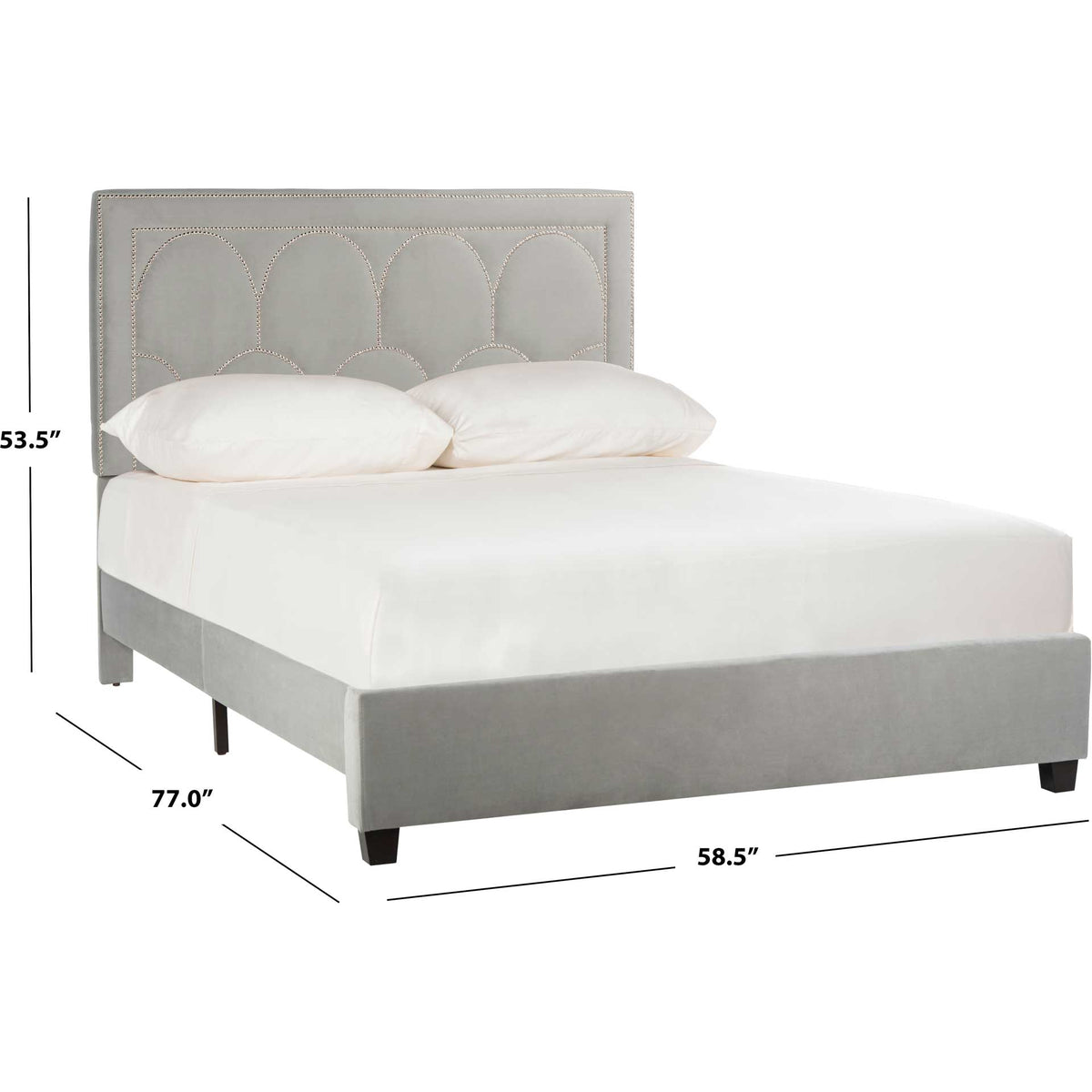 Gray velvet bed measures 58.5 inches wide and 53.5 inches tall