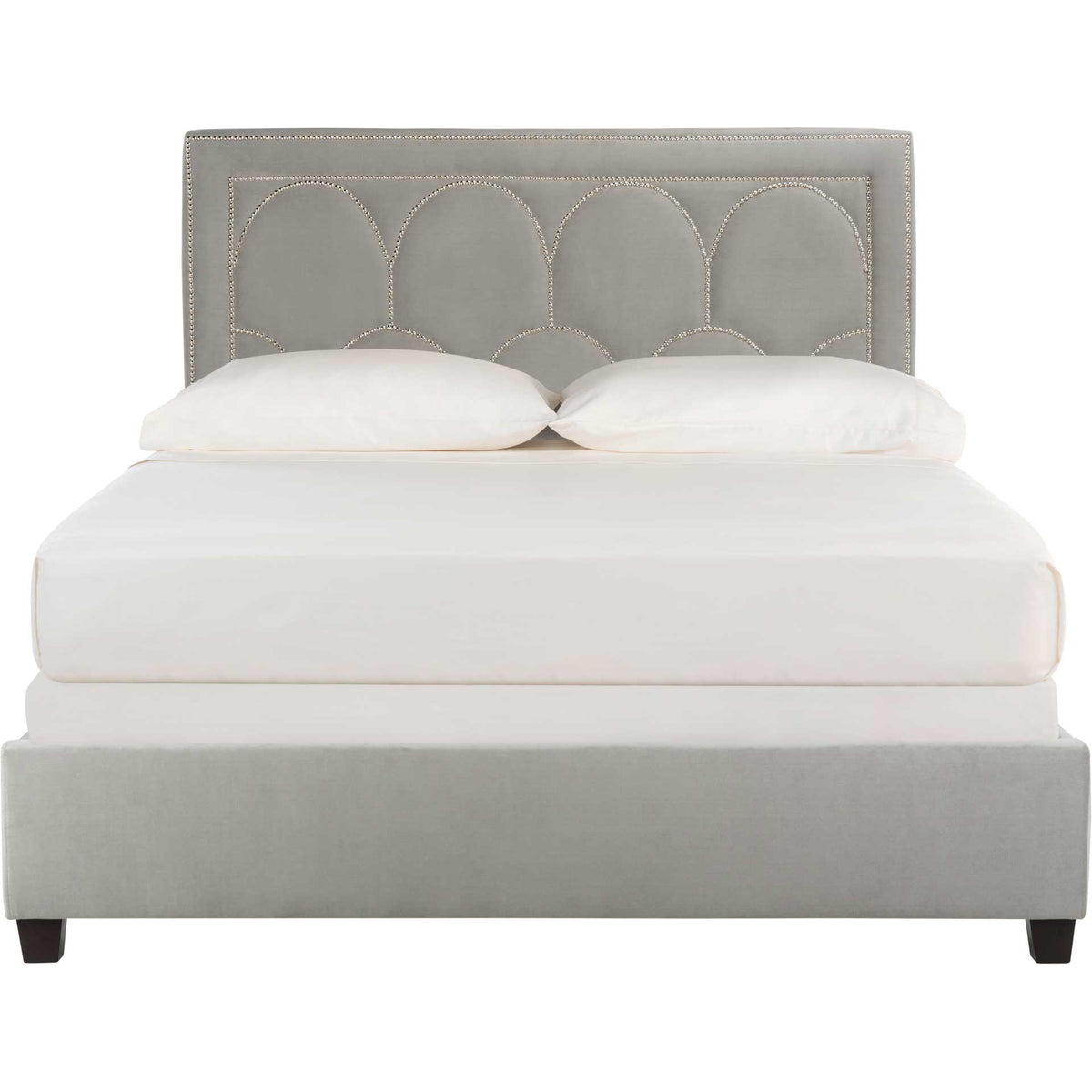 Pewter-gray velvet bed with a tall headboard accented by graceful nailhead arches || BED6302A-F || front_studio