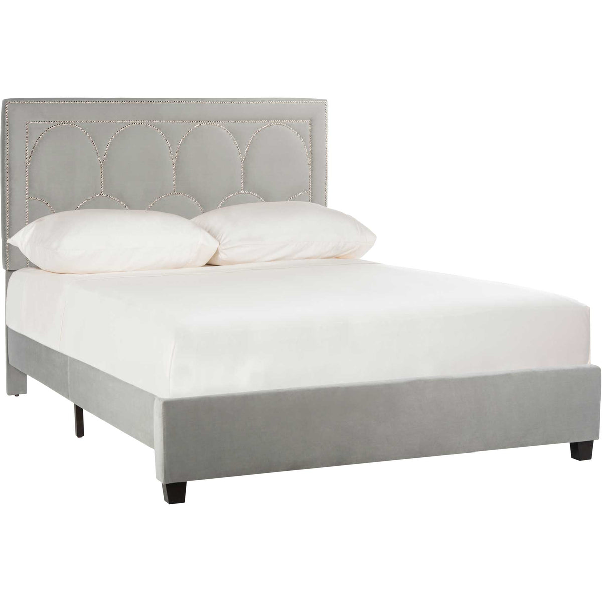 Low upholstered rails and a sleek footboard frame this plush gray velvet bed || BED6302A-F || front_angle_studio