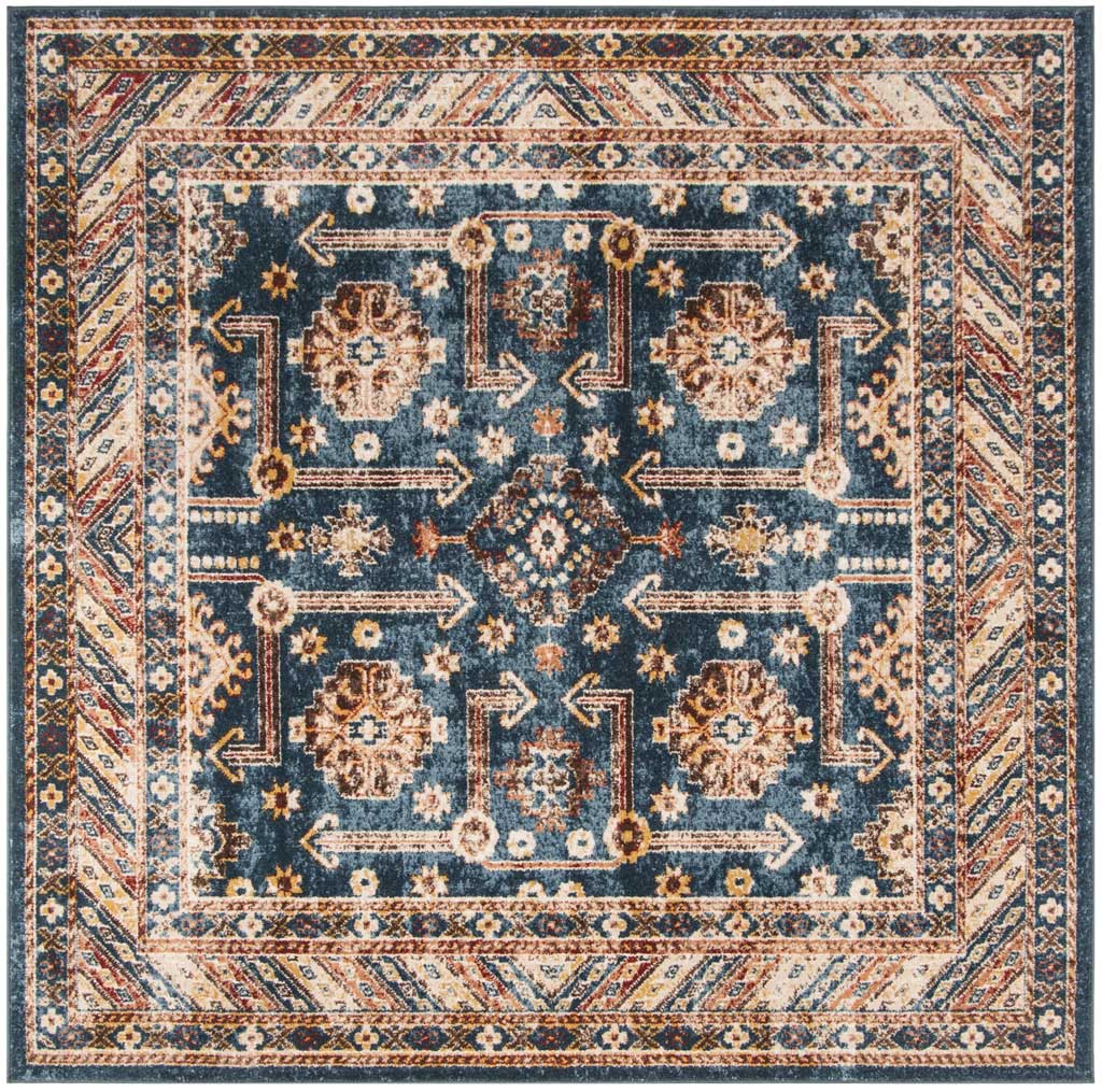 Square rug pairs a central diamond with ivory and rust floral medallions and striped borders