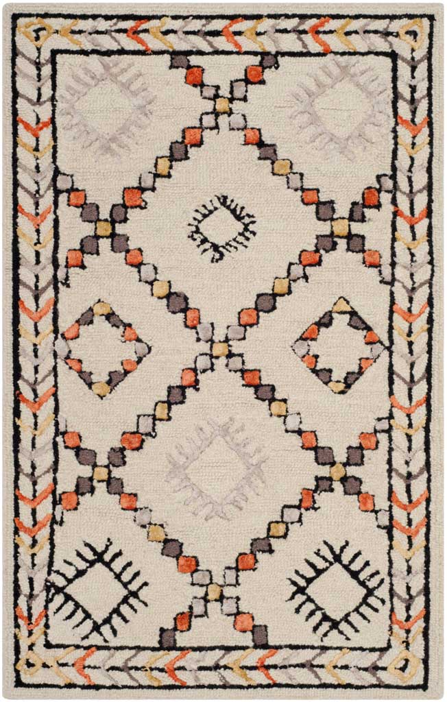 Compact ivory wool rug with oversized diamond motifs and pops of rust, ochre, and charcoal.