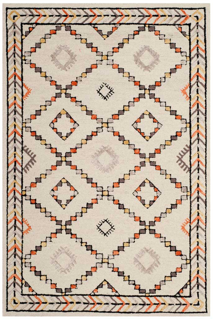 Ivory wool rug with interlocking diamonds and warm orange accents framed by a patterned border.