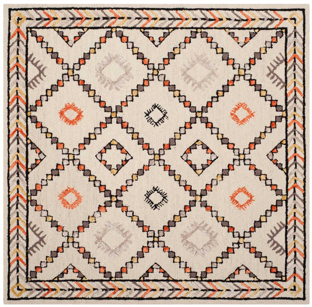 Square ivory wool rug with black diamond lines, orange accents, and a zigzag border.