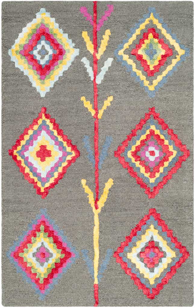 Six multicolored diamonds flank a branching center line on this compact gray wool rug.