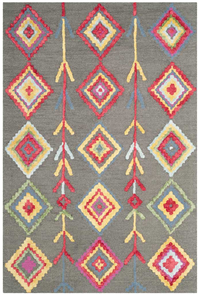 Colorful diamond columns and slender branching lines stand out against a gray wool background.
