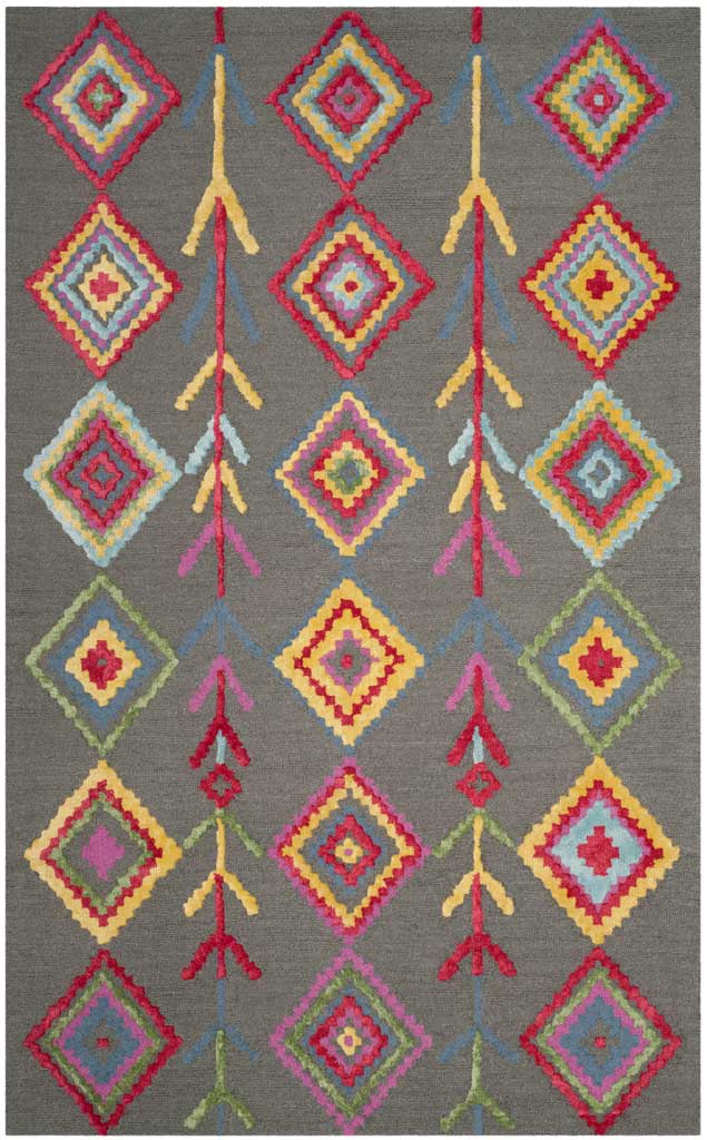A dark gray wool rug features vivid rows of layered diamonds and colorful branching accents.