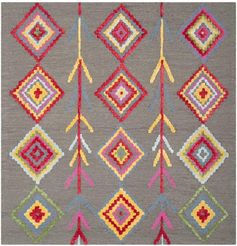 Bright red, blue, and yellow diamonds give this square gray wool rug a cheerful geometric pattern.