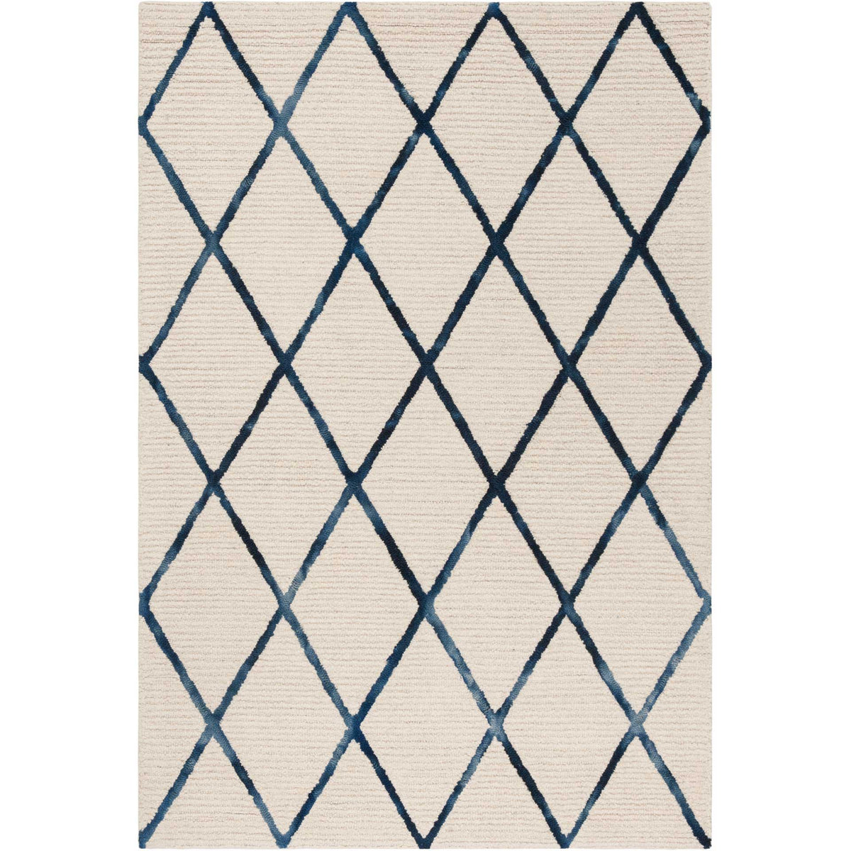 Compact ivory wool rug with elongated navy diamonds and a clean rectangular shape.