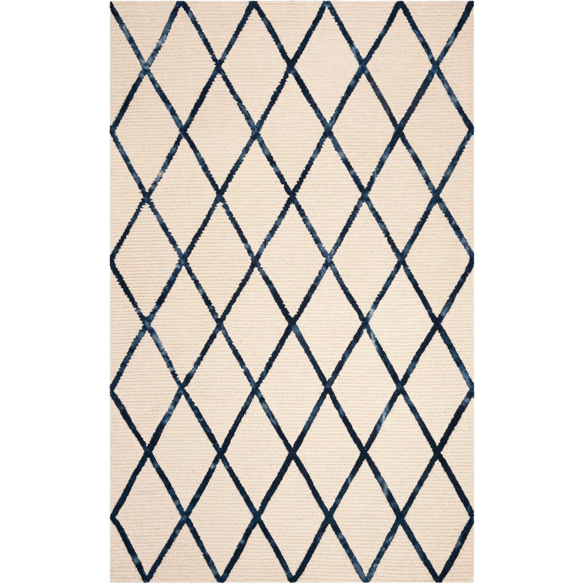 An ivory area rug brings graphic contrast with its repeating navy diamond trellis.
