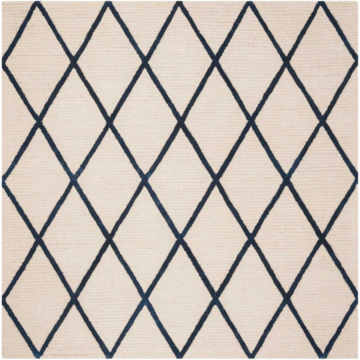 Square ivory wool rug with bold navy lines that form a repeating diamond pattern.
