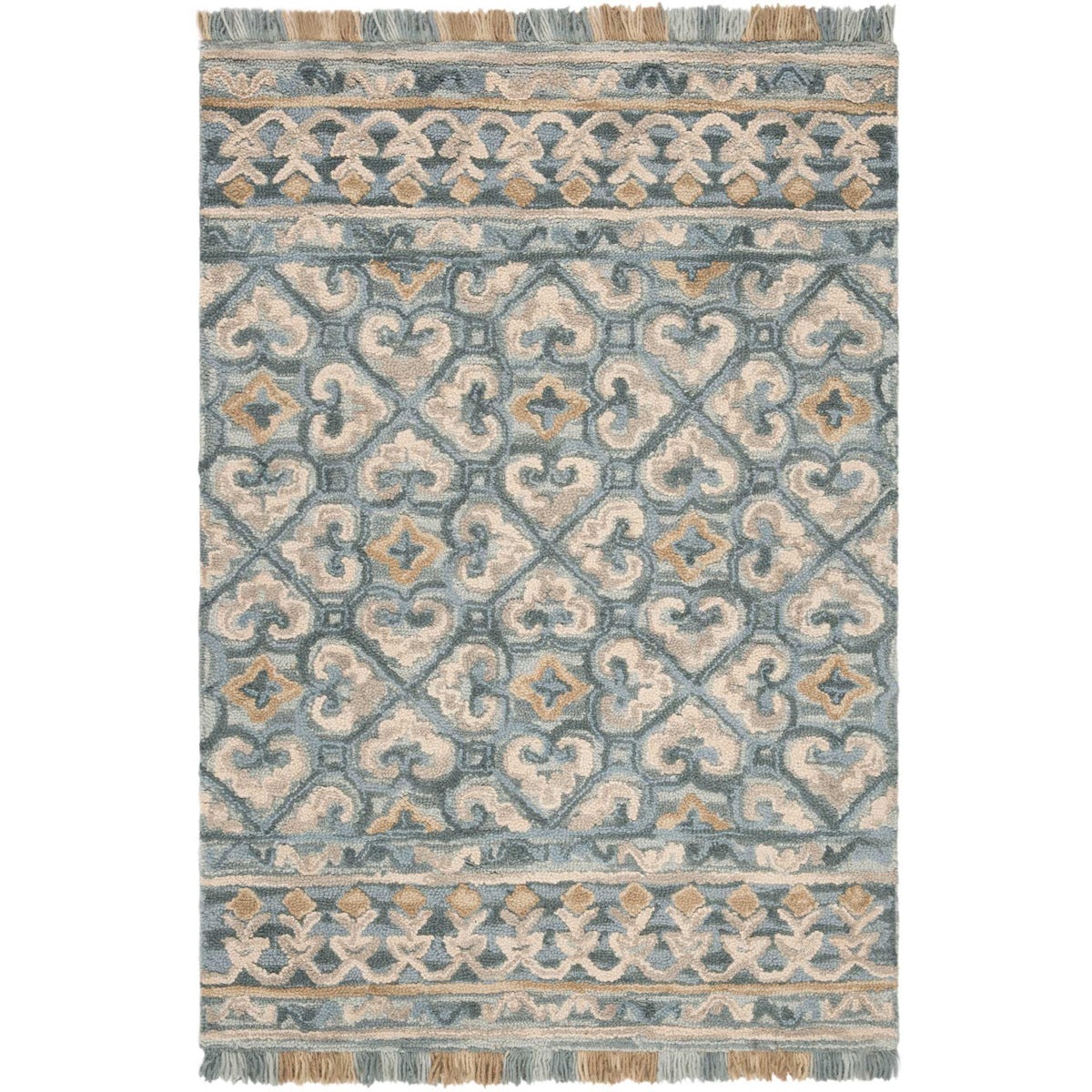 Light beige scrolls weave through blue latticework, with warm tan accents and fringe at each end.
