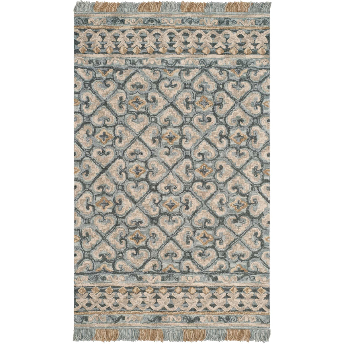 Muted blue curves and light beige motifs form a classic lattice, framed by intricate borders and fringe.