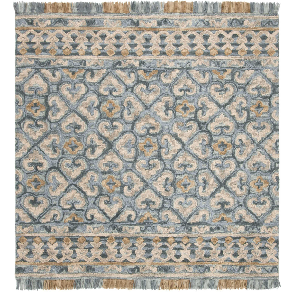 A square rug pairs muted blue latticework with light beige scrolls, patterned bands, and two-tone fringe.
