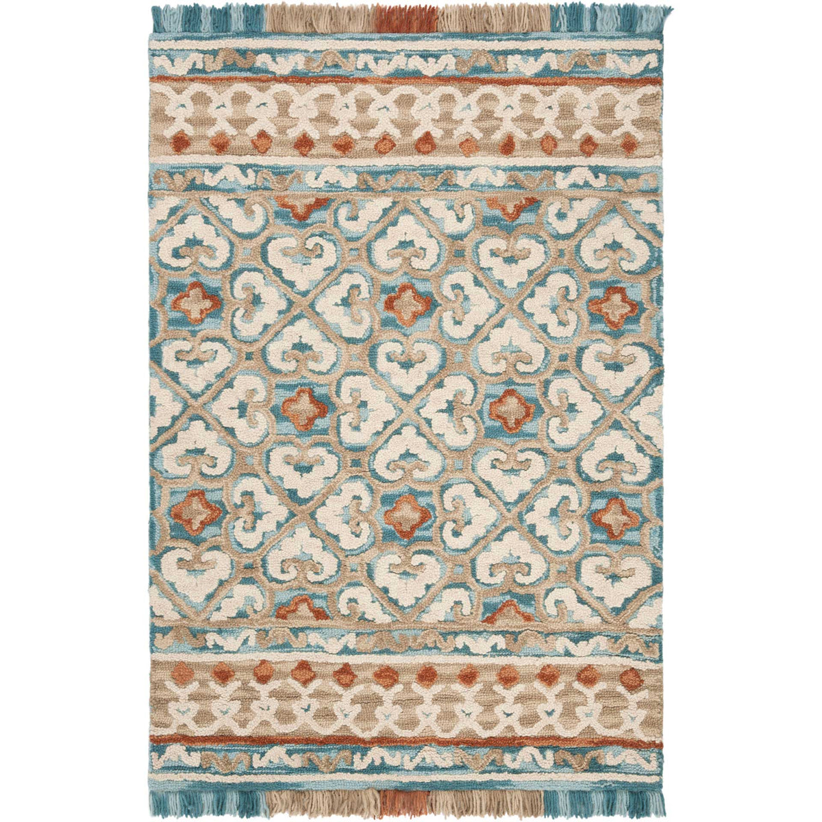 An ivory rug combines blue scrolling motifs, warm rust details, and geometric bands with colorful fringe.