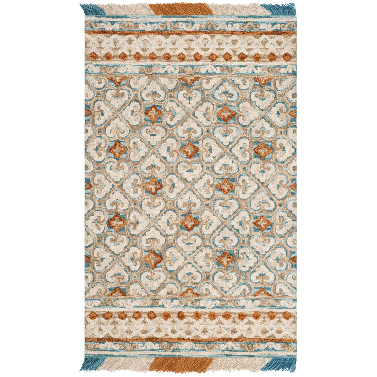 Blue scrollwork and rust-colored accents brighten an ivory rug with detailed borders and fringed ends.