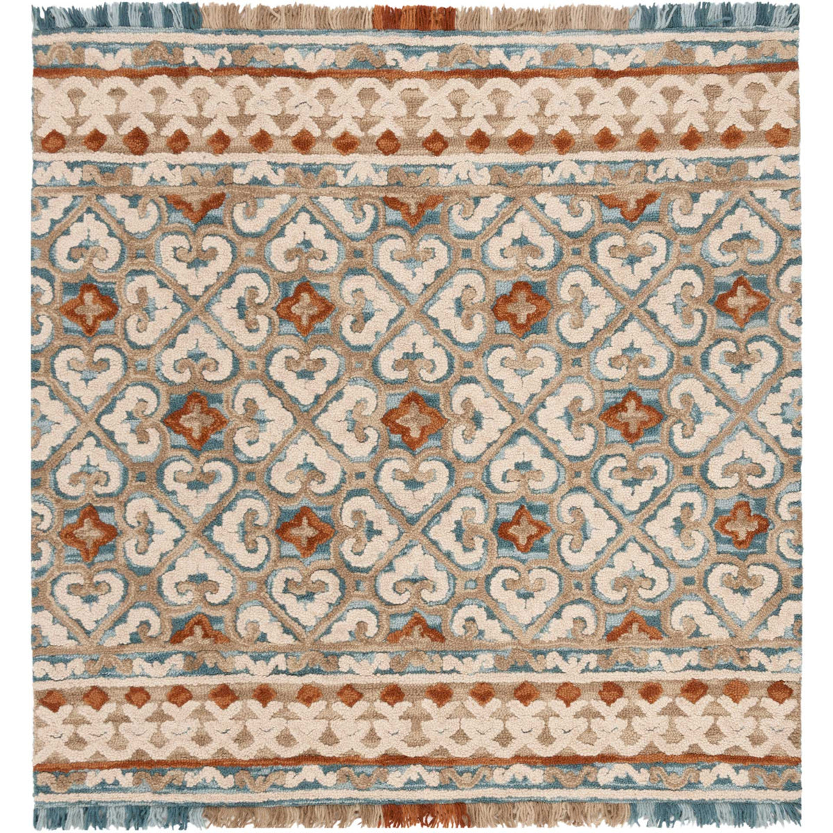 A square ivory and blue rug balances scrolling latticework, rust motifs, patterned bands, and colorful fringe.