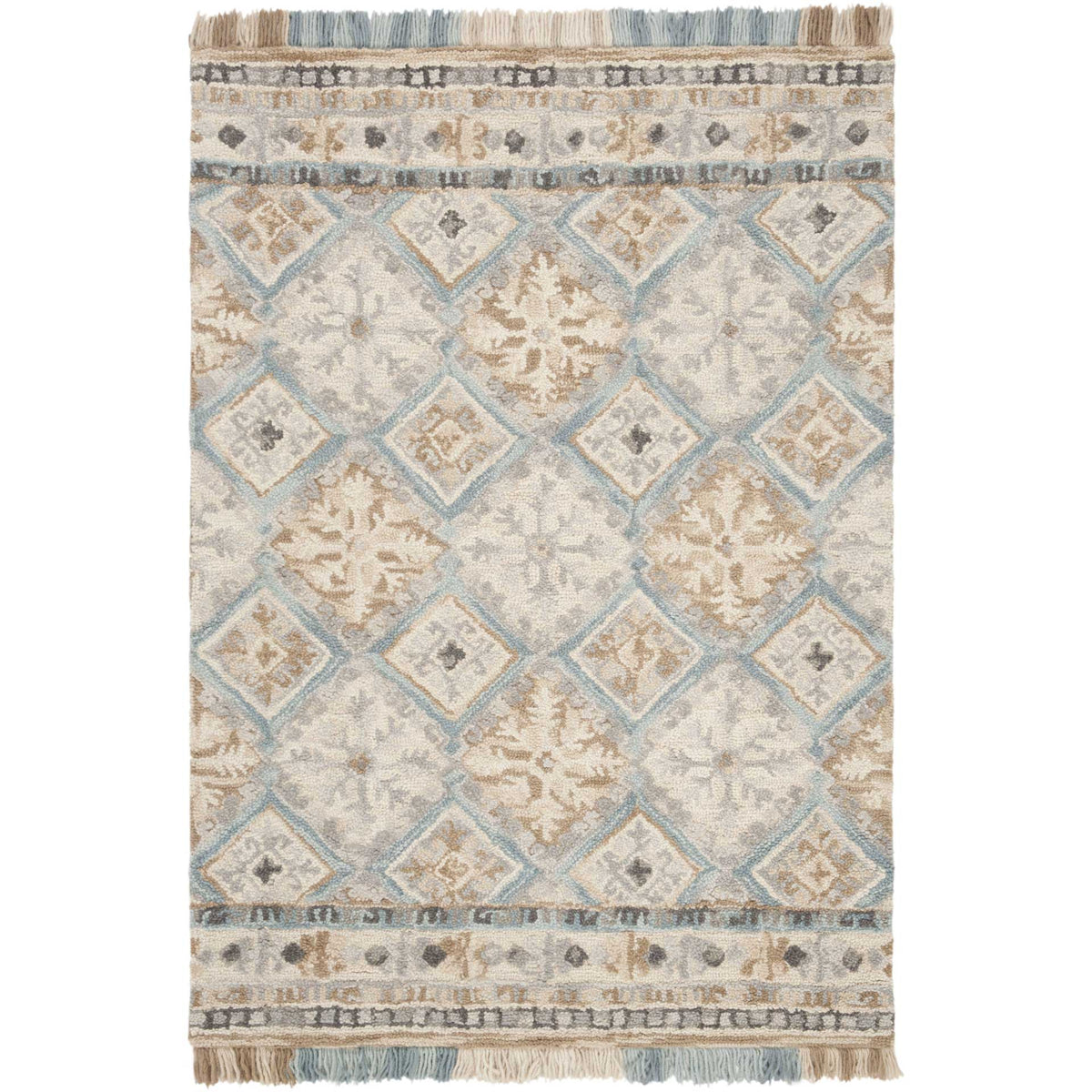 Beige and light blue rug features repeating diamonds, soft floral details, and tasseled fringe.
