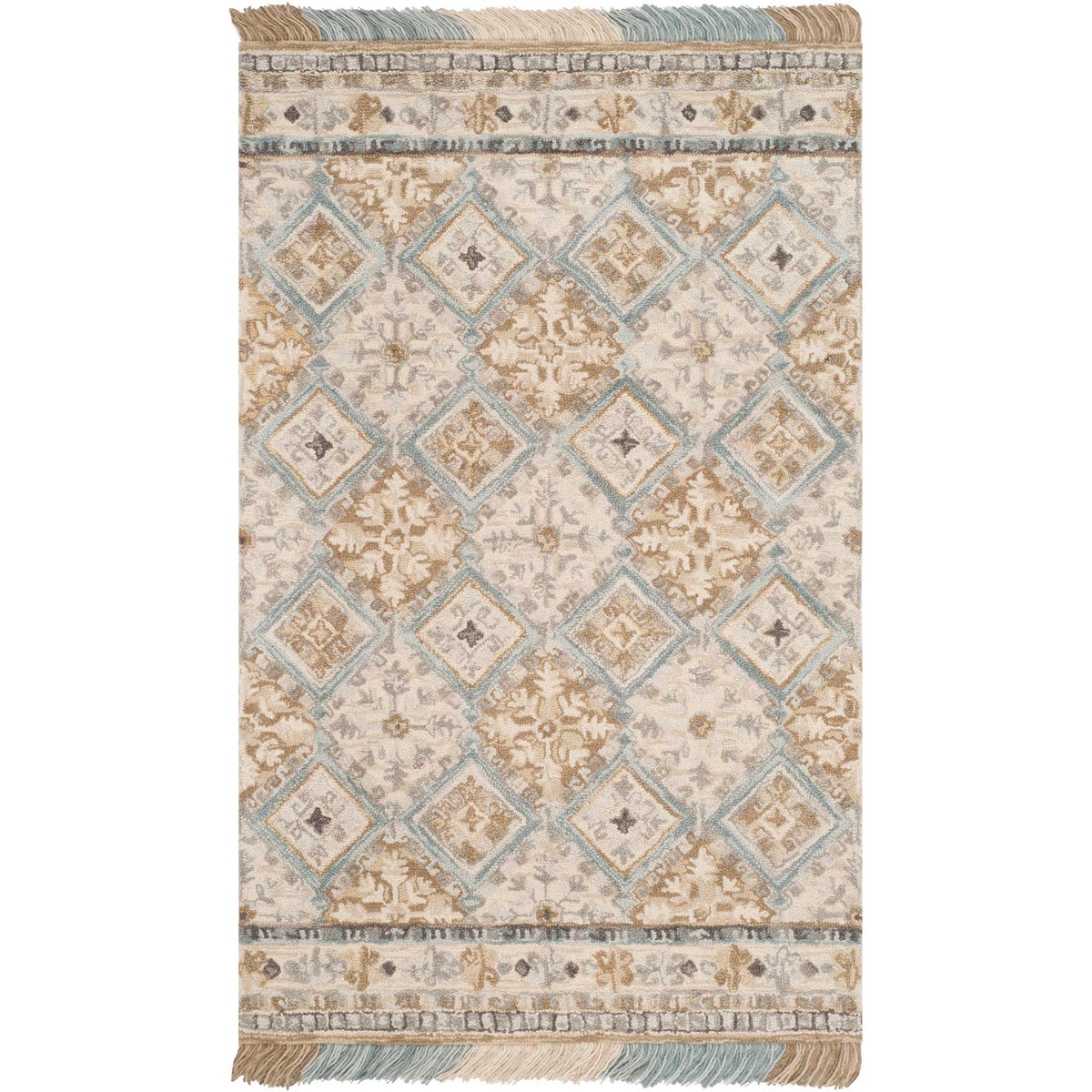 Beige and light blue rug pairs delicate diamond motifs with wide floral borders and fringed ends.