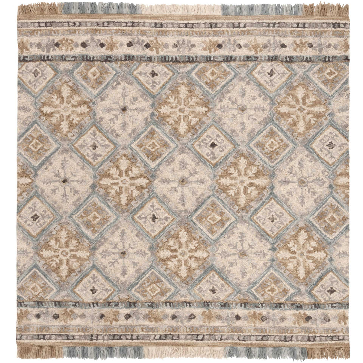 Beige and light blue rug with a diamond lattice, ornate floral motifs, and striped fringe. || BLM421A-8 || top_studio
