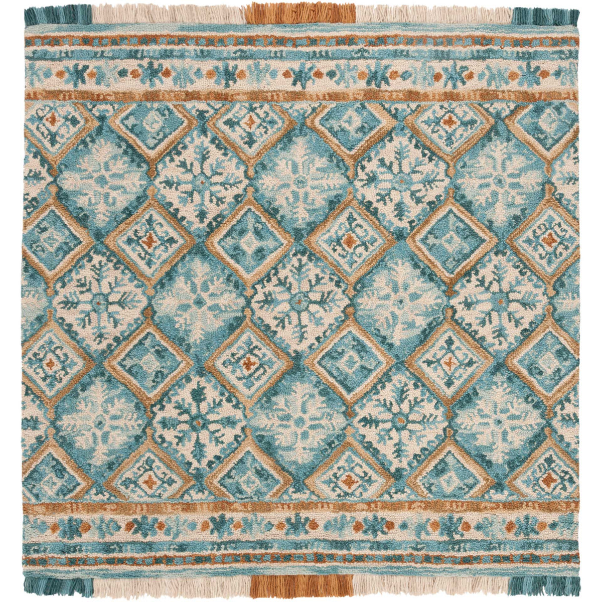 Square ivory and teal rug frames ornate diamonds with floral bands and contrasting fringe.