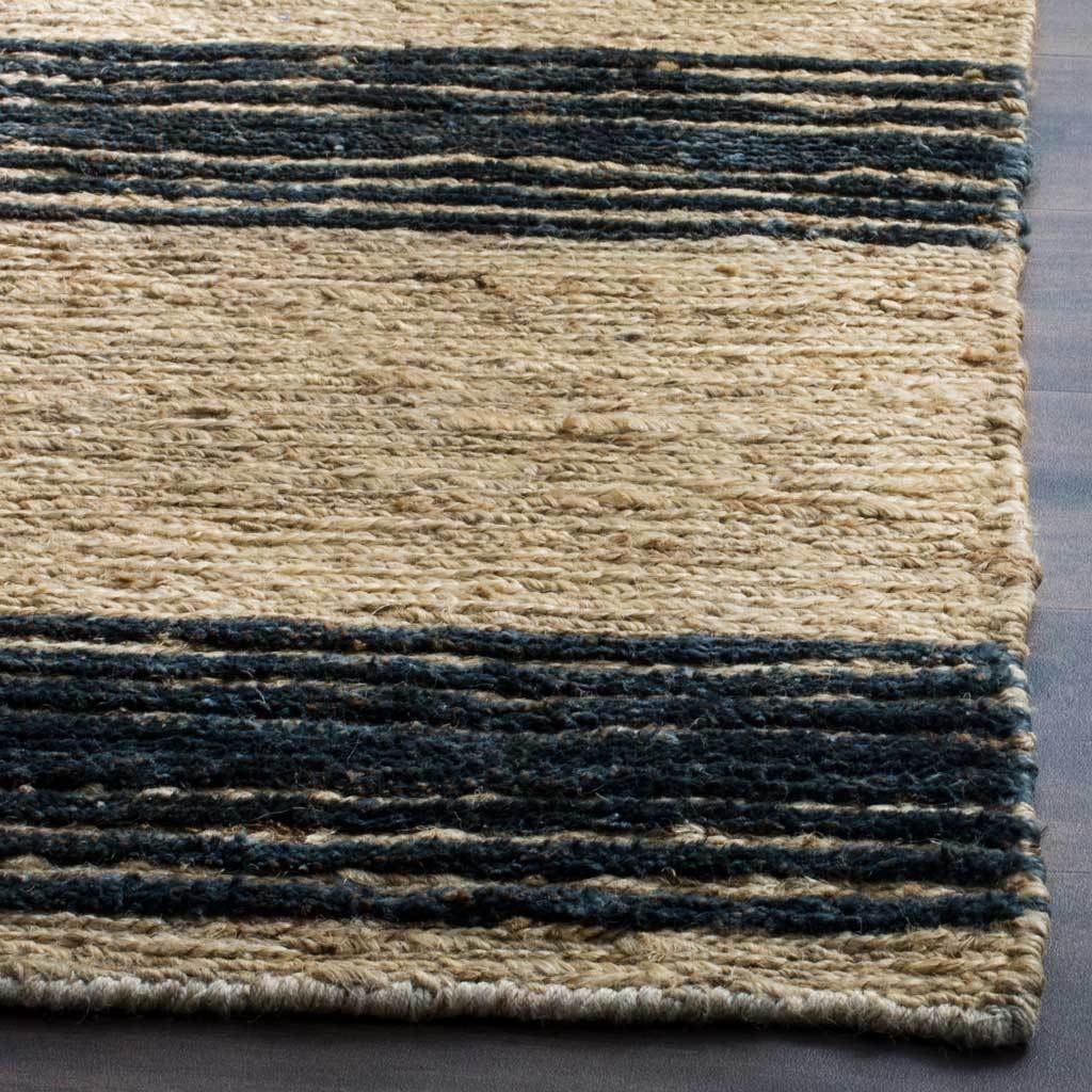 Deep blue stripes contrast with coarse natural jute and a neatly finished edge