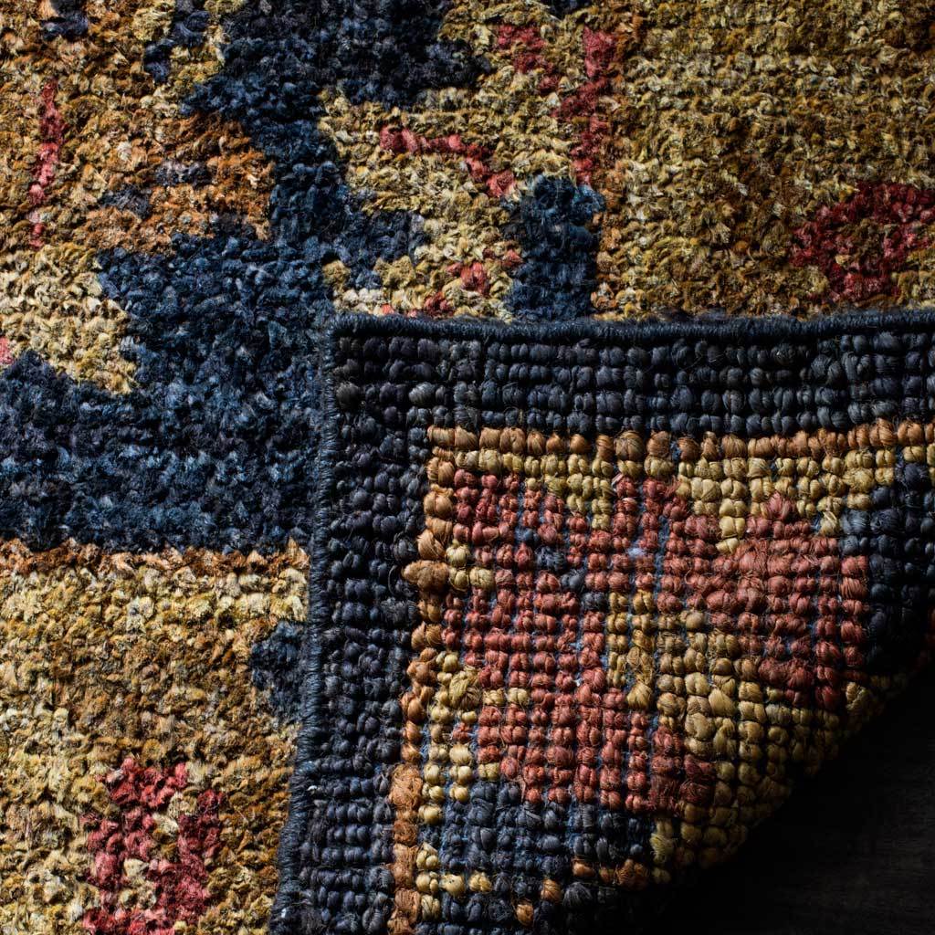 Woven backing and dark edging reveal the rug's sturdy, textured construction
