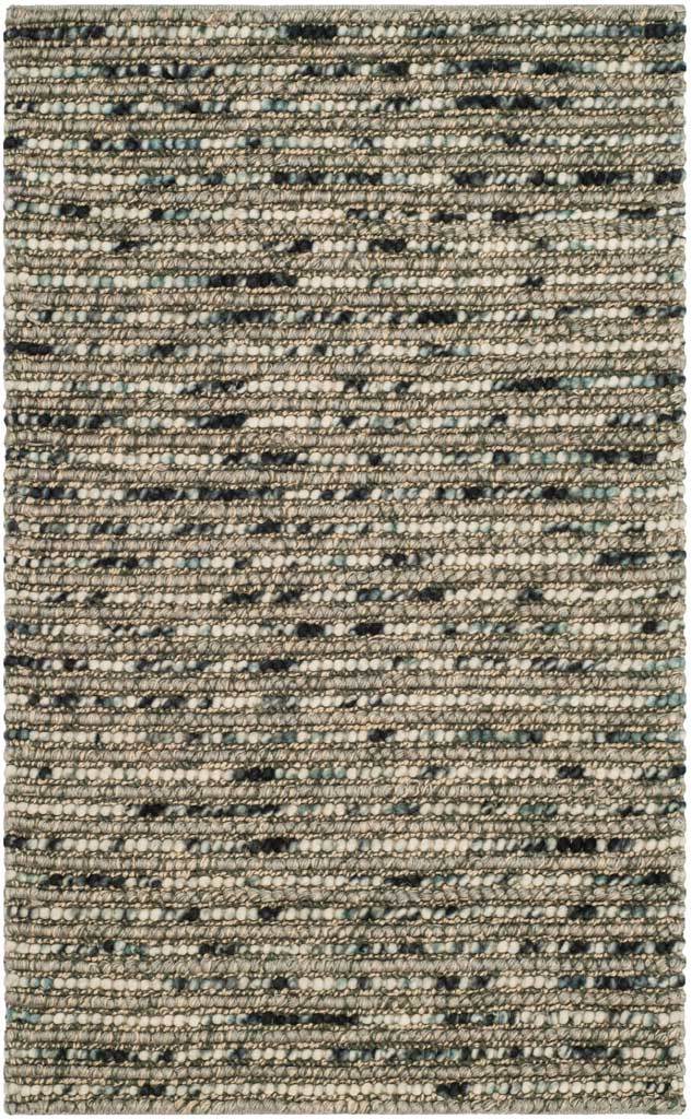 Woven gray rug with irregular dark and pale blue striations and a nubby texture