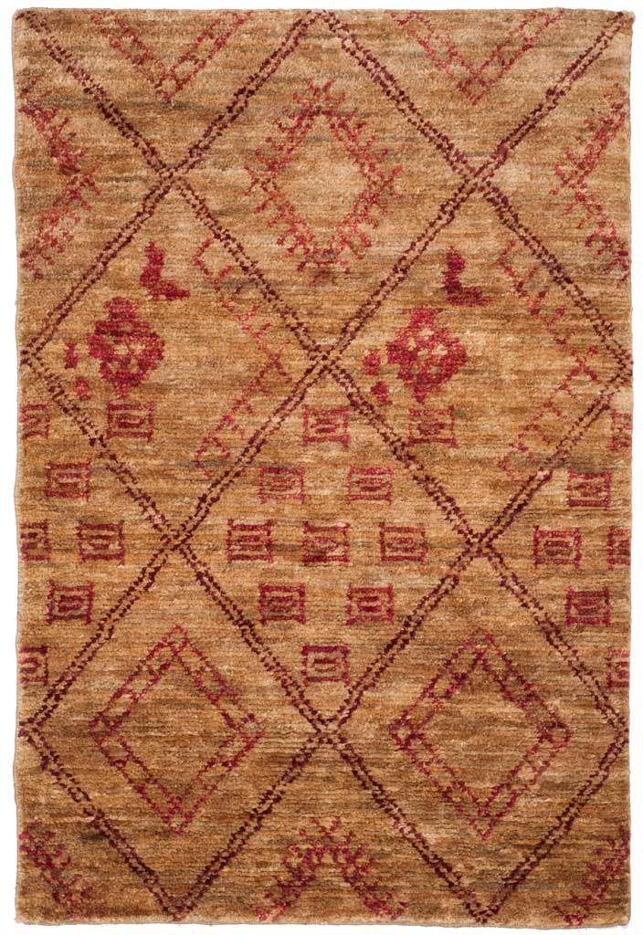 Natural jute and cotton rug blends red geometric diamonds, floral accents, and a richly textured weave.
